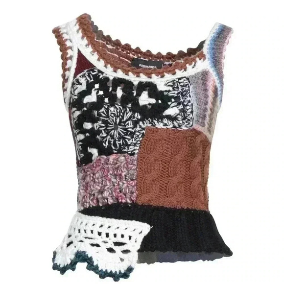 DSQUARED2 Tops - DSQUARED2 Womens Crochet Top Wool Sweater Vest Top Patchwork XS Knit Shirt Italy